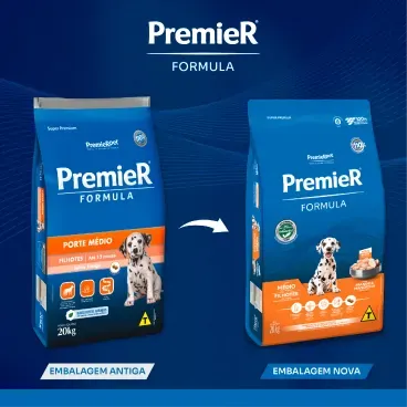 Nova embalagem Racao Premier Formula Caes Filhotes Racas Medias Frango